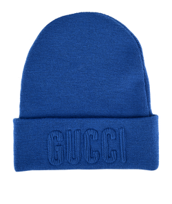 Gucci Logo Beanie, Wool, Blue, Sz M, 3*